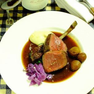Pan-seared Ezo deer loin from Shibecha with four kinds of garnish and Grand Veneur sauce