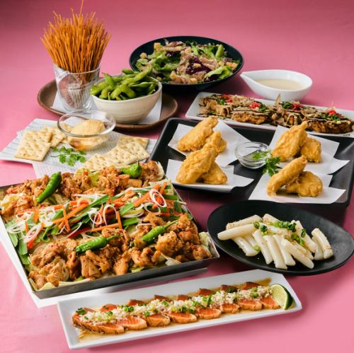 【土間土間コース】　4000円（税込）　メインが鶏と色々野菜の旨辛焼きとなります。