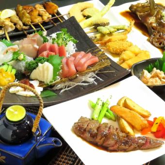 Omakase course 3,400 yen (tax included) where you can enjoy popular menus such as Kyoya skewers and skewers