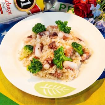 Garlic rice with octopus and broccoli