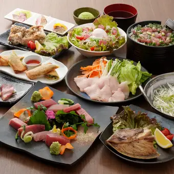 【含3小时畅饮】肥美的鲑鱼腩、烤本地鸡肉、蓝鳍金枪鱼、豪华海鲜拼盘,以及“青海”菜单上的其他9道菜品,原价5470日元,现价4500日元