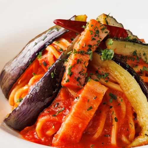 Eggplant and bacon in tomato sauce