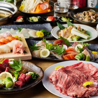 最好◎国产牛肉与5种生鱼片、时令鱼的寿喜烧【极品套餐】9道菜5,000日元3小时无限畅饮