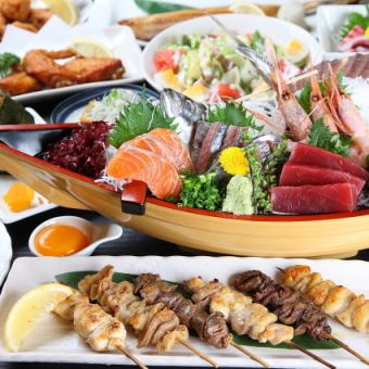 【生ビール付き3時間飲み放題】焼き鳥・野菜巻き・刺身3点・海鮮シメ全36品食べ放題【3980円】