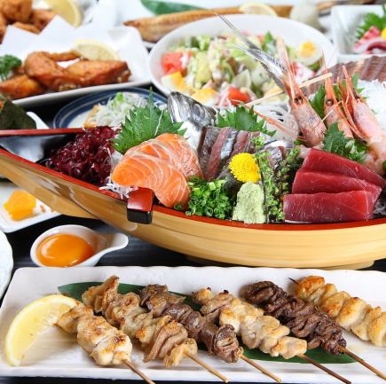 【生啤酒3小時無限暢飲】烤雞肉串、蔬菜捲、3種生魚片、海鮮無限暢飲36種【3,980日圓】