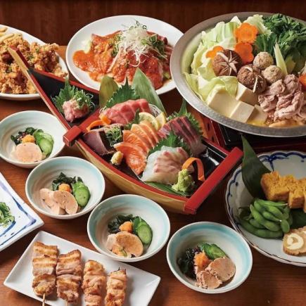 【毎日3時間豪華飲み放題付】焼き鳥・鍋・刺身 肉寿司!豪華38品食べ放題コース【6500→5000円】
