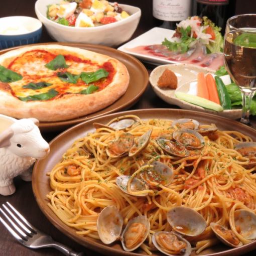 【含2小时无限畅饮+甜点】包括开胃菜、披萨、意大利面<共6种>⇒2,980日元（含税3,278日元）