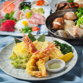 【保证包间/无限畅饮】烤海鲜、天妇罗、煮黄金鲷鱼等8道菜品8,980日元