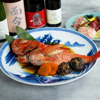 【E-祝-金目鯛の煮付けコース-銘柄日本酒焼酎50種飲み放題付き-】全8品＋3時間飲み放題6980円。