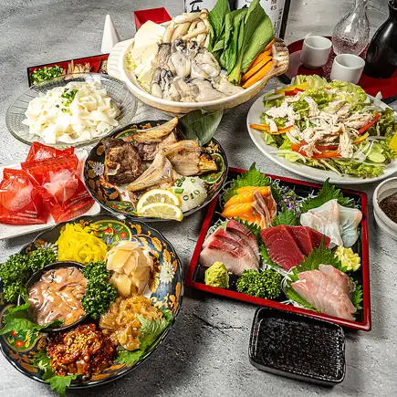 【二の宴-2.5時間-冬の贅沢牡蠣鍋】朝〆鮮魚5種盛りと鮪かま焼きを味わう飲み放題付き