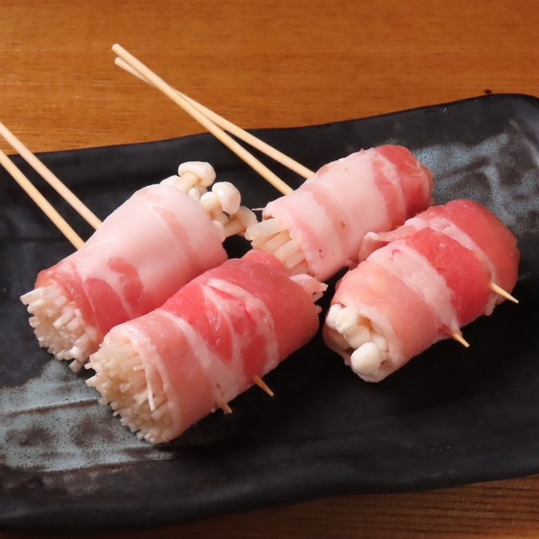 Enoki mushroom and pork skewers