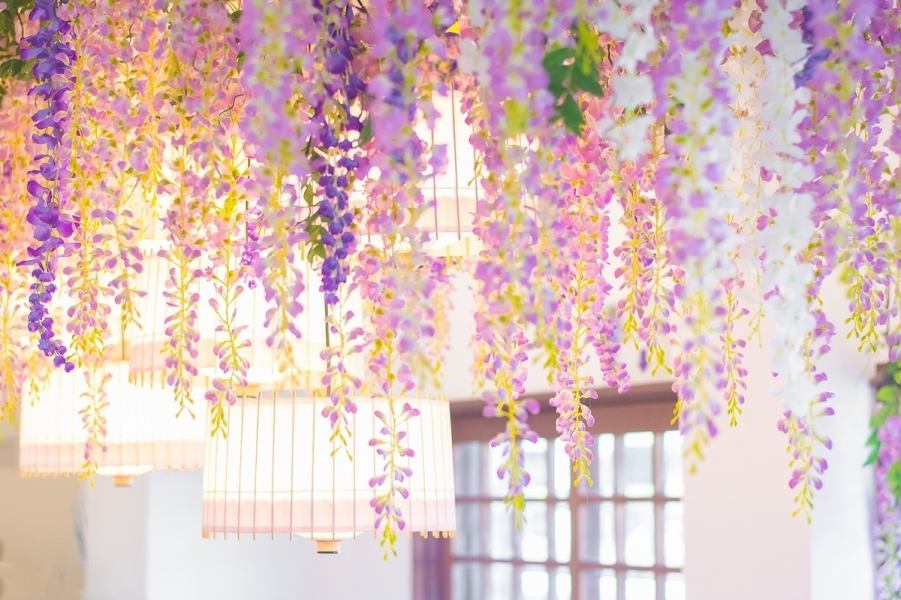 "Cafe Cascade" serves seasonal ingredients with seasonal ingredients.The inside of the store is decorated with colorful wisteria flowers such as pink area, purple area, colorful area, and it is a space that looks great no matter where you take it ♪ It is a white-based store that matches clothes and kimono! A photogenic piece ♪