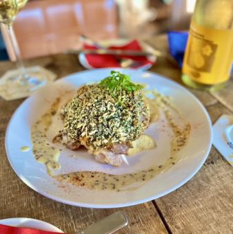 Grilled chicken thigh with herb breadcrumbs