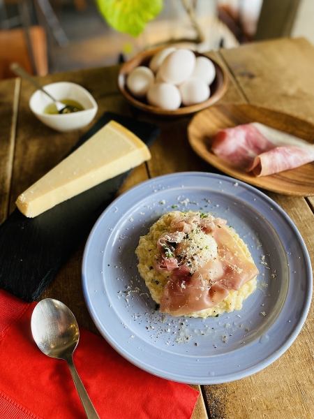 □■Cream risotto with raw ham topped with hot spring egg■□