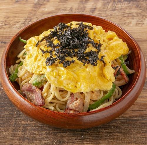 イベリコ豚の辛子明太子スパゲッティ ふわとろスクランブルエッグのせ