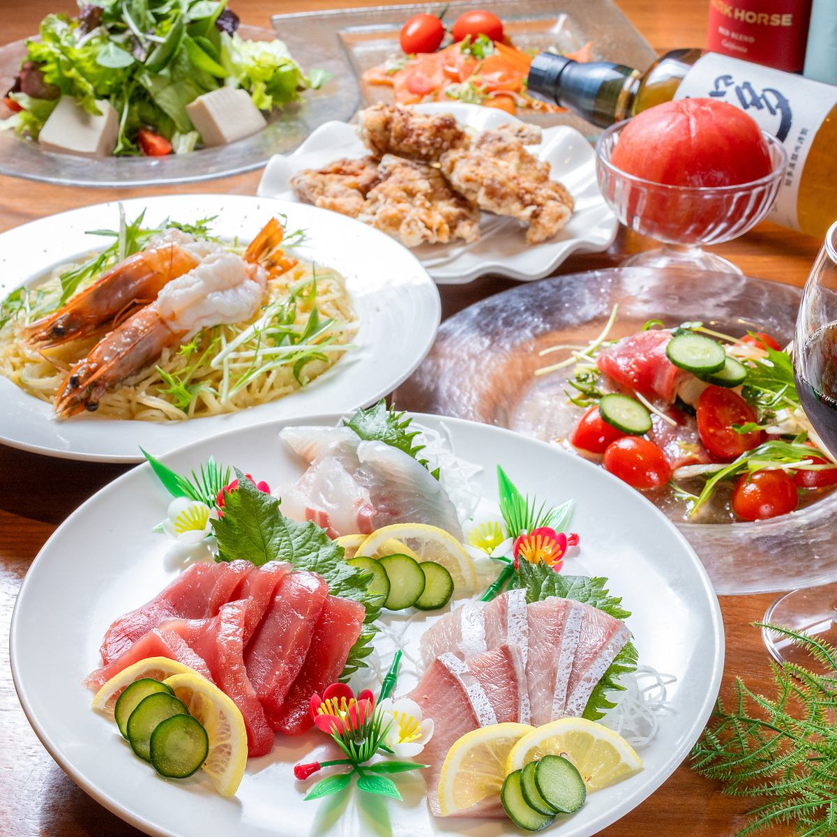 ゆったり個室席,人数に合わせて海鮮・肉飲放付コース4500円～