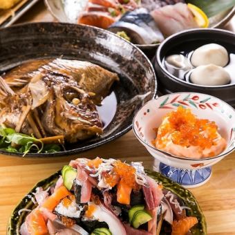 호화 코스! 【무제한 6000 엔 코스】 명물 "노케 스시"와 "제철 생선 조림"을 먹을 수 있습니다!