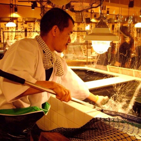 生簀には活魚が泳ぎ、職人が素早くすくい上げて豪快な活魚料理をご提供。