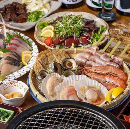 Luxury Fish Barrel Course: 8,000 yen Includes 2 hours of premium all-you-can-drink. Perfect for parties, with our signature sashimi and seafood beach-grilled.