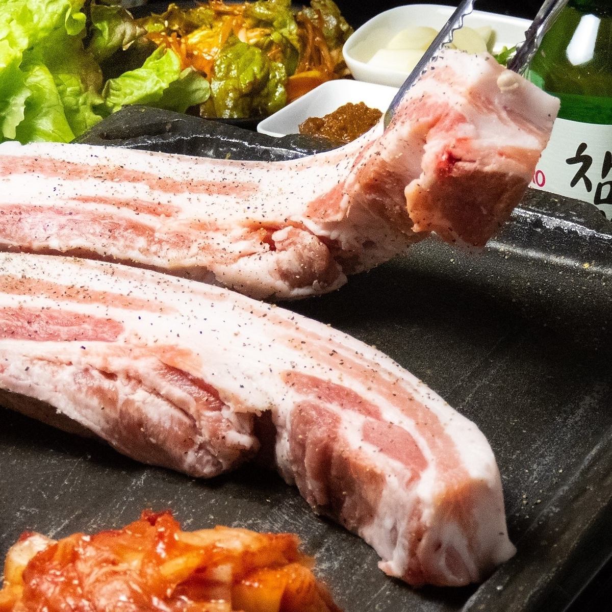 The menu is full of thick-sliced samgyeopsal, shrimp cheese fondue, cheese balls, and more!