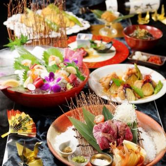 忘年会に◎一人一皿提供!国産牛サーロインステーキ/アワビ/造り7種 2時間飲み放題付◇三昧コース