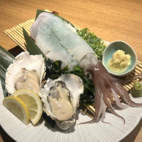 白イカの姿造り＆牡蠣