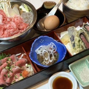 使用佐賀牛的牛肉火鍋套餐♪烤牛肉、天婦羅等5道菜品◆3,000日圓（含稅）