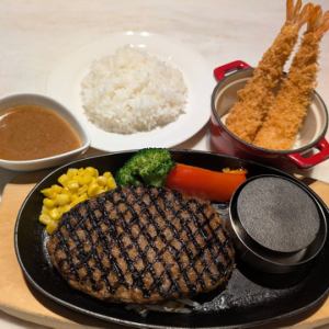 鉄板グリルハンバーグと海老フライ（２尾）