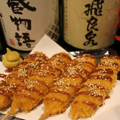 Black pork kushikatsu (sauce, miso, grated ponzu)