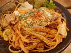 Pasta with pork belly and soy sauce fried noodles