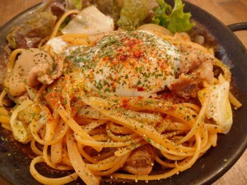 Pasta with pork belly and soy sauce fried noodles
