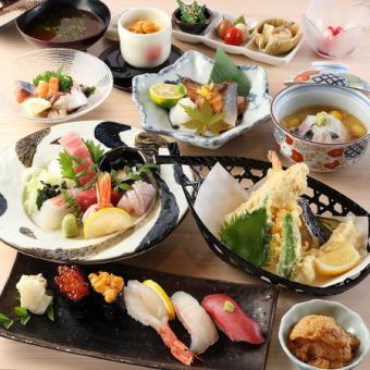 【松コース】中トロ、いくら、ウニ、ブリ焼、豪華天ぷら盛など旬菜旬魚を愉しむ10品※お料理のみ