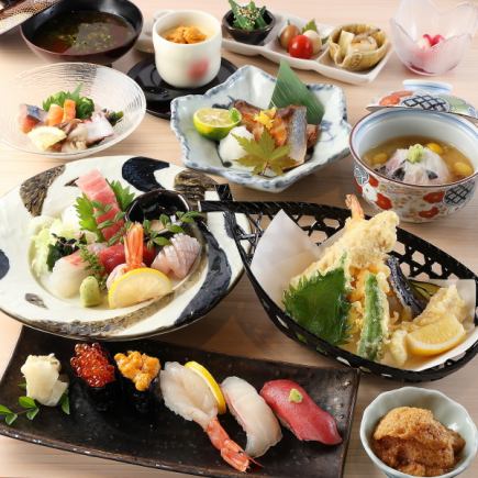 【松コース】中トロ、いくら、ウニ、ブリ焼、豪華天ぷら盛など旬菜旬魚を愉しむ10品※お料理のみ