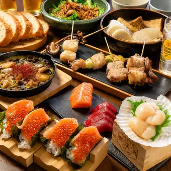 鮨ドックと刺し身を堪能!おでん無限&生ビール、日本酒付飲み放題 梅コース 5000円