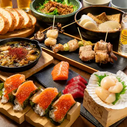 鮨ドックと刺し身を堪能！おでん無限＆生ビール、日本酒付飲み放題　梅コース　5000円