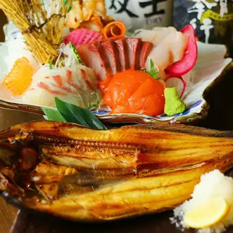 ≪北海道産特大ホッケの原始焼きとお刺身5点盛りコース≫全7品生&日本酒8種込120分飲放付3700円