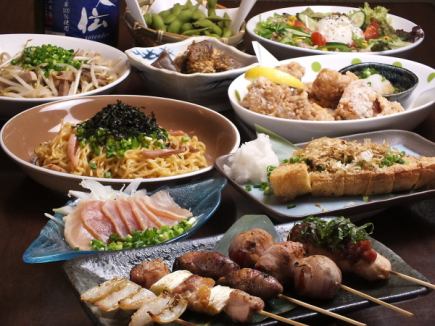 【時間無制限飲み放】鶏白湯コース5000円、おすすめ本日の炭火串、鶏モモの唐揚げなど10品を満喫