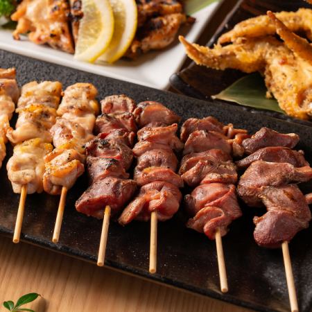 Assortment of 4 types of local chicken skewers and yakitori