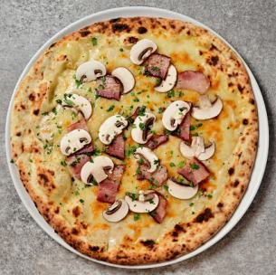 Brown mushroom and porcini cream pizza