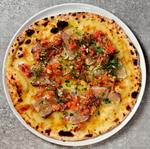 Sicilian-style pizza with grilled amberjack and tomato salsa