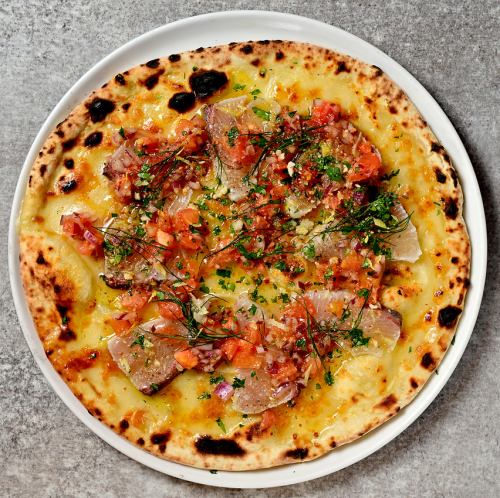 Sicilian-style pizza with grilled amberjack and tomato salsa