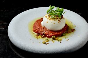 Burrata cheese and tomato miso condiment