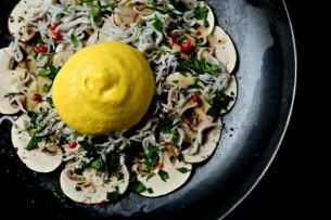 Brown mushroom and whitebait carpaccio with saffron siphon