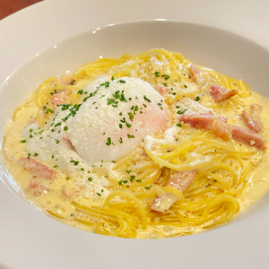 Carbonara with sashimi egg and soft-boiled egg