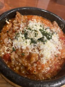 Risotto with beef tendon and Arrabiata (spicy tomato sauce)