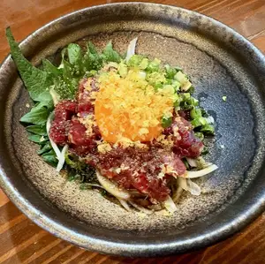 Kumamoto horse sashimi and "sashimi egg" - a devilishly delicious karasumi yukke.