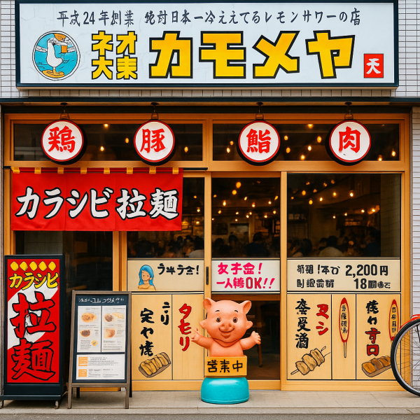 当店『ネオ大衆 カモメヤ 谷塚店』はガラス張りで解放感のある店内となっております。清潔感があり、性別問わず20代から50代の幅広い年齢層のお客様に楽しんで頂ける雰囲気です♪手頃な価格で楽しめる飲み放題付きコースや生ビールもOKの単品飲み放題、ソフトドリンクの飲み放題までご用意しております！