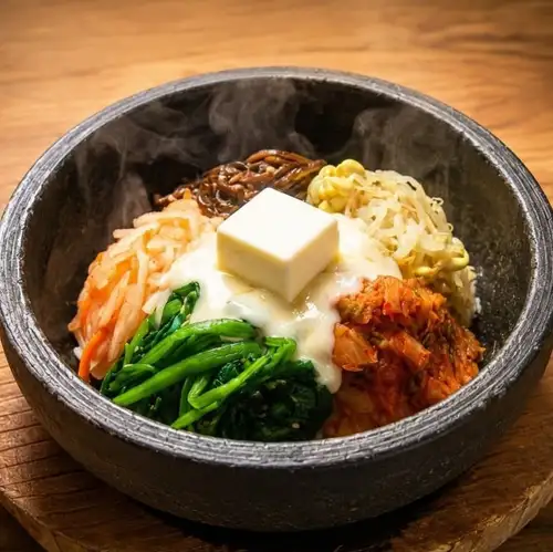 Stone-grilled cheese bibimbap / Stone-grilled mentaiko bibimbap