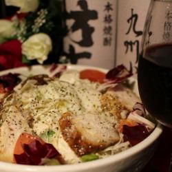 Caesar salad with soft-boiled egg and roast chicken