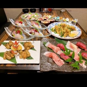 【2H飲み放題付き】刺身や牛ハラミ焼きと手羽先胡椒揚げ、トロたく巻きなど全8品 5500円(税込)
